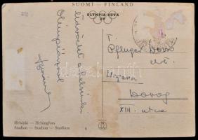 1952 Buzánszky Jenő (1925-2015) üdvözlő sorai és aláírása a Helsinki Olimpiáról Pfluger Dezsőnek (1918-1981) csapattársának a Dorog AC védőjátékosának, 1956-os tevékenységért elítélték, a Helsinki Olimpia hivatalos képeslapján.