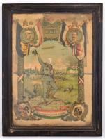 1915 "Szövetséges hadjáratunk emlékére", emléklap, Grund V. utóda Bp., sérült, üvegezett f...