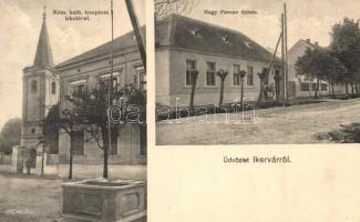 1932 Ikervár, Római katolikus templom és iskola, kút, Nagy Ferenc üzlete és saját kiadása