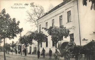 1911 Perlak, Prelog; Fő utca, Alsó-Muraközi Takarékpénztár, lovas hintó. Fejer Károly kiadása / main street with savings bank and chariot (EK)