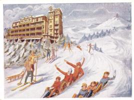 Budapest XII. Svábhegyi szanatórium reklámlapja szánkózókkal / Hungarian sanatorium advertisement, winter sport, sleighing