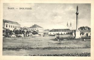 Ipolyság, Sahy; Fő tér szoborral / main square with monument "1938 Az első visszatért magyar vá...