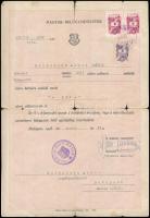 1948 Goldstein Andor izaelita személy névváltoztatási kérelme Gál Andor részére, Magyar Belügyminiszter pecsétjével, 2 db 6 ft. és 1 db 3 ft. okmánybélyeggel, aláírással, a hajtások mentén szakadásokkal.
