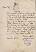 1939 Kassa, Izraelita Anyahitközség Rabbsiágnak anyakönyvi bizonyítványa, Eckstein Márk kassai anyakönyvvezető rabbi, kassai főrabbi aláírásával, 1939. okt. 22,m pecsétekkel, 1 p. okmánybélyeggel.
