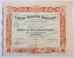 Franciaország / Párizs 1920. "Crédit Foncier Argentin Société Anonyme" részvénye 500Fr-ról, bélyegzéssel és szelvényekkel T:II-,III France / Paris 1920.  "Crédit Foncier Argentin Société Anonyme" share about 500 Francs, with overprint and coupons C:VF,F