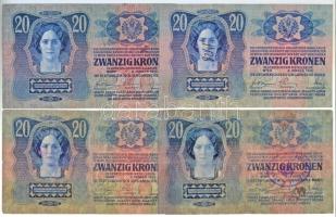 1913. 20K (4xklf) nehezen olvasható felülbélyegzésekkel T:III,III- kis szakadás / Hungary 1913. 20 K...