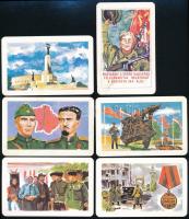 1985 6 db 1985-ös kártyanaptár rajta szocialista-II. világháborús témákkal (pl.: Első találkozás a felszabadítókkal, Budapest bevételért emlékérem, A Budai Önkéntes Ezred emlékműve a Vérmezőn...stb)