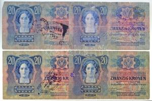 1913. 20K (4xklf) nehezen olvasható felülbélyegzésekkel T:III,III- kis szakadás / Hungary 1913. 20 K...