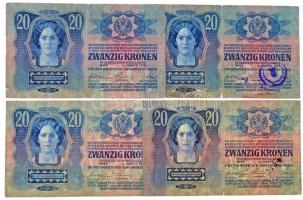 1913. 20K (4xklf) nehezen olvasható felülbélyegzésekkel T:III,III- kis szakadás / Hungary 1913. 20 K...