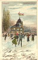 1899 Budapest XIV. Városliget, korcsolyázók, téli sport. Kiadja Vidéki Félix, Kunstanstalt Kosmos S. IX. Art Nouveau litho (EK)