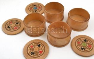 4 db intarziás, díszes fa zsetontartó, jelzés nélkül, d: 6,5 cm