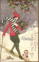 A merry Christmas and a happy New Year / Italian art postcard, skiing lady. Ballerini & Fratini 185. s: Chiostri (EK)