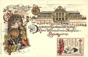 1897 Stuttgart, Deutschen Fachausstellung, Hotel und Wirtschaftswesen Kochkunst / German exhibition advertisement card, hotel and business culinary art, beer. Officielle Postkarte Lith. Kunstanstalt D. Herrmann Floral, Art Nouveau, litho