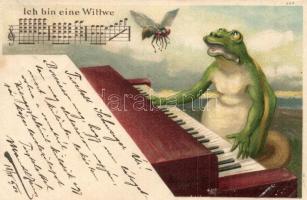 1900 Ich bin eine Wittwe / Frog playing on the piano with fly. litho (EK)