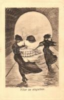 1909 Vihar az alagútban. Bizarr optikai illúziós művészlap koponyával / Optical illusion art postcard with skull