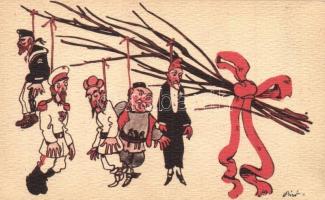 Virgácson lógó Antanthatalmak. Antant-ellenes gúnyos művészlap / Krampus. Anti-Entente Powers mocking art postcard with birch s: Bíró