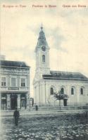 1905 Árpatarló, Ruma; utcakép templommal és Max Schwelbi üzletével / street view with church and shop