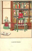 A Könyvmoly. Egy jó kislány viselt dolgai II. sorozat 4. szám / Bookworm. Hungarian art postcard s: Kozma Lajos