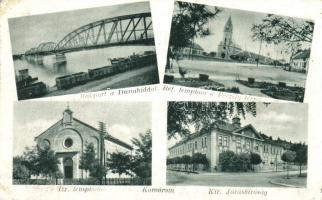 Komárom, Komárno; Járásbíróság, Péczely tér, Rakpart és Duna híd, Izraelita templom, zsinagóga / court, square, quay, bridge, synagogue