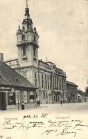 1903 Kolozsvár, Cluj; Vármegyeház, Jakner József cipész üzlete, hirdetőoszlop / county hall, shop, advertising column