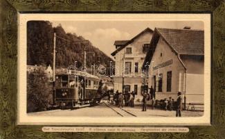 1911 Trencsénteplic-fürdő, Kupele Trencianske Teplice; A villamos vasút főállomása. Wertheim Zsigmond kiadása díszes keret / Hauptstation der elektr. Bahn / master station of the tramway. Art Nouveau frame