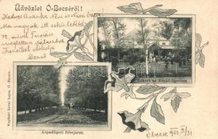 1901 Óbecse, Stari Becej; Árpád-ligeti főbejárat, Fő utca, protestáns templom, Lőkert / park, shooting hall, church, main street. Art Nouveau, floral