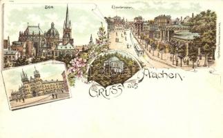 Aachen, Dom, Elisenbrünnen, Kasernen, Louisburg / dome, street view, military barracks, castle. Kunstanstalt Rosenblatt Art Nouveau, floral, litho (EK)