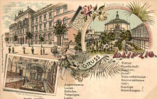 Leipzig, Konservatorium, Krystallpalast, Saal / music school interior, Crystal palace interior. Kunstanstalt Rosenblatt Art Nouveau, floral, litho