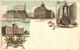 1898 Vienna, Wien; Albrechtsplatz, Der Hohe Markt, K.u.K. Arsenal / square, market, military arsenal. Verlag v. Schlumpf Art Nouveau, floral, litho (EB)