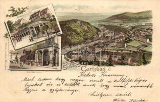 1898 Karlovy Vary, Carlsbad, Karlsbad; Marktbrunnen, Schlossbrunnen / fountains. Ottmar Zieher floral, Art Nouveau, litho (fa)