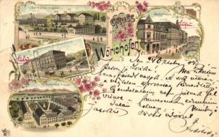 1897 (Vorläufer!) Bad Wörishofen, Bad und Hotel Kreuzer, Bachstrasse, H. Hartmanns Buchhandlung / spa and hotel, street, book printing shop. Art Nouvau, floral, litho (tear)