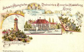 1897 Leipzig, Sächsisch-Thüringische Industrie und Gewerbe Ausstellung, felsenthurm, Blauer Grotta, Im Dörfchen, Mühle mit Fährhaus und Schmiede / Saxon-Thuringian Industry and Trade Exhibition. Kunstanstalt Rosenblatt Art Nouveau, floral, litho (EK)