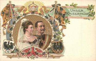 Unser Kaiserpaar / Wilhelm II and his wife Augusta Victoria of Schleswig-Holstein. Coat of arms and flags, Art Nouveau, Emb. golden litho art postcard