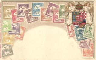Hungary. Hungarian stamps and coat of arms. Ottmar Zieher Philatelie-Ansichtskarte Nr. 16. Emb. litho (EK)