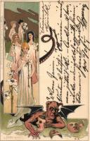 1900 Art Nouveau Krampus with ladies. Stengel & Co. Ser. 10. Künstlerkarte 110. litho s: G. Crotta