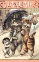 Macska-Naptár - 1900 előtti 12 darabos litho macskás művészlap sorozat a 12 évszakkal nagyon szép ál...