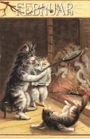 Macska-Naptár - 1900 előtti 12 darabos litho macskás művészlap sorozat a 12 évszakkal nagyon szép ál...