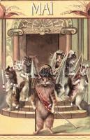 Macska-Naptár - 1900 előtti 12 darabos litho macskás művészlap sorozat a 12 évszakkal nagyon szép ál...