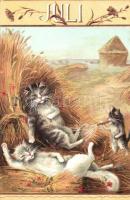 Macska-Naptár - 1900 előtti 12 darabos litho macskás művészlap sorozat a 12 évszakkal nagyon szép ál...