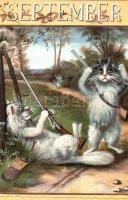 Macska-Naptár - 1900 előtti 12 darabos litho macskás művészlap sorozat a 12 évszakkal nagyon szép ál...