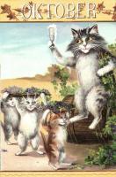 Macska-Naptár - 1900 előtti 12 darabos litho macskás művészlap sorozat a 12 évszakkal nagyon szép ál...