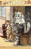 Macska-Naptár - 1900 előtti 12 darabos litho macskás művészlap sorozat a 12 évszakkal nagyon szép ál...