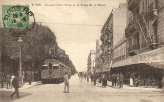 Tunis, Avenue Jules Ferry et le Tram de la Marsa / street view with tram in the stop, Grand Cafe. TCV card
