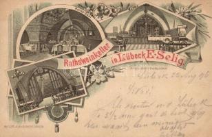 1896 (Vorläufer!) Lübeck, Rathsweinkeller E. Selig, Hansa-Saal, Buffet, Eingang / wine bar interior. Art Nouveau, floral, litho (EK)