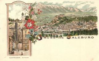 1898 Salzburg, Elektrischer Aufzug / electric elevator. Coat of arms, Art Nouveau, floral, litho