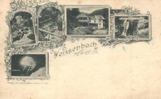1899 Weissenbach an der Triesting, Türkenloch, Steinwandklamm, Gasthof Kohl, Myrafalle / cave, waterfall, guest house, hotel. Art Nouveau, floral (cut)