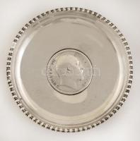 Ezüst(Ag) tálka VIII. Edward 1 rúpiás éremmel, jelzett, d: 8,5 cm, nettó: 52,2 g