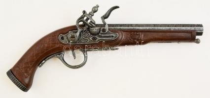 Ütőkakasos, elöltöltős pisztoly, díszes spanyol replika, fa-fém, h: 33 cm