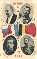 1914 Les Alliés. R. Poincare, Nicolas II, Georges V, Albert I / Allies of World War I (Entente Powers) propaganda card with flags (EK)