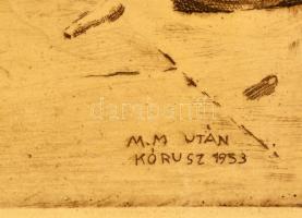 Kórusz József (1927-2010): Anya gyermekeivel, színezett rézkarc, gyűrött papír, jelzett a karcon, 30...